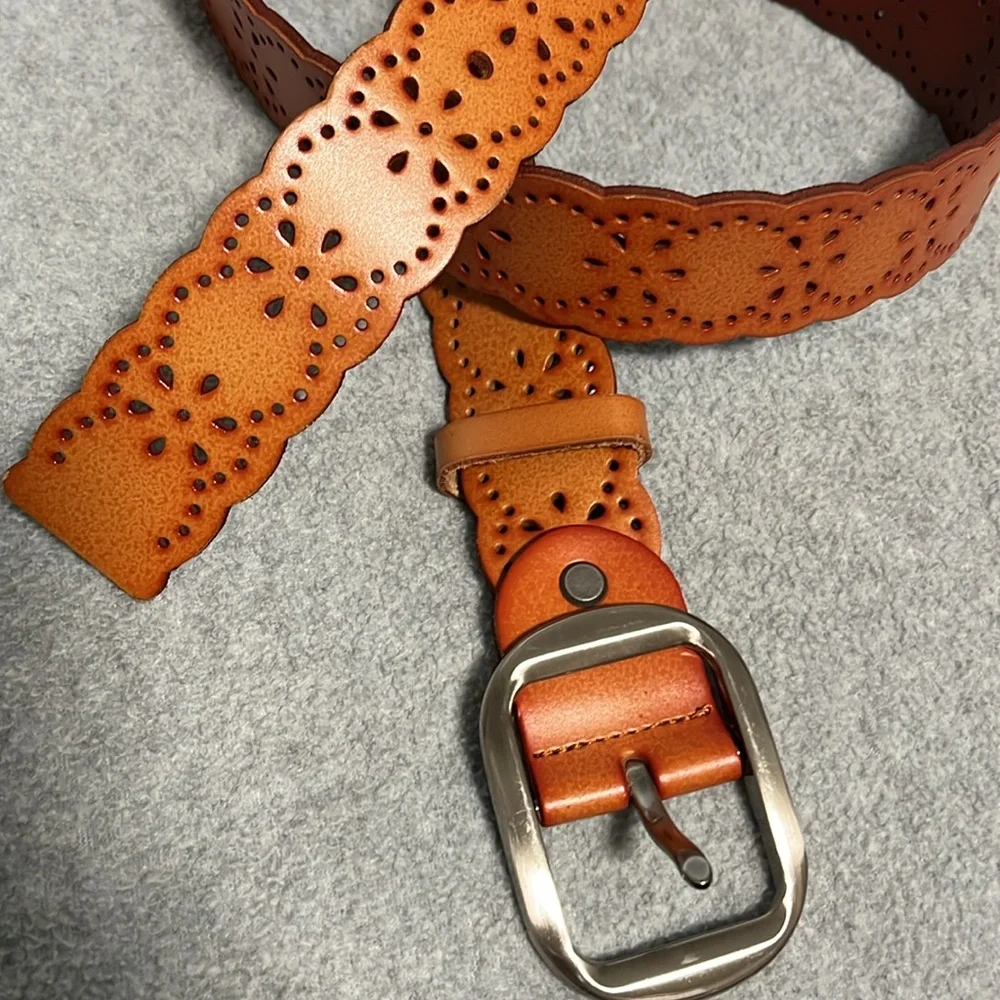 Boho Leather Tooled Belt Silver Tone Metal Buckle Western Festival